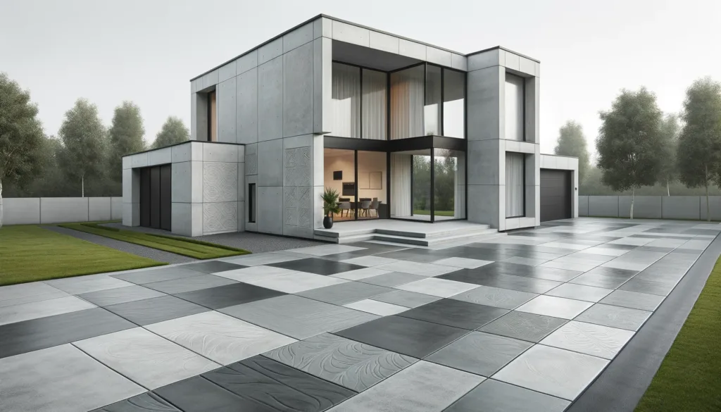 modern minimalist house featuring stamped concrete colors in a sleek and elegant design