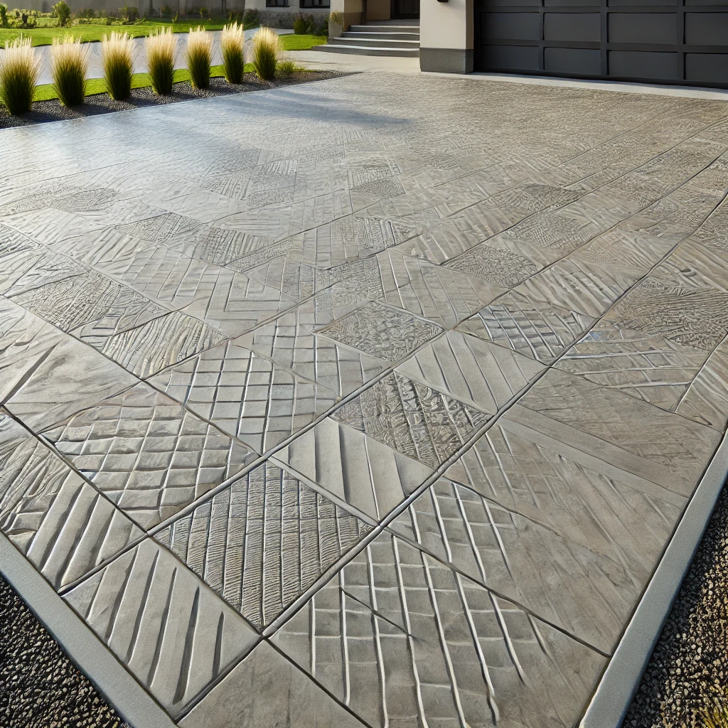 modern concrete driveway design in stamped concrete