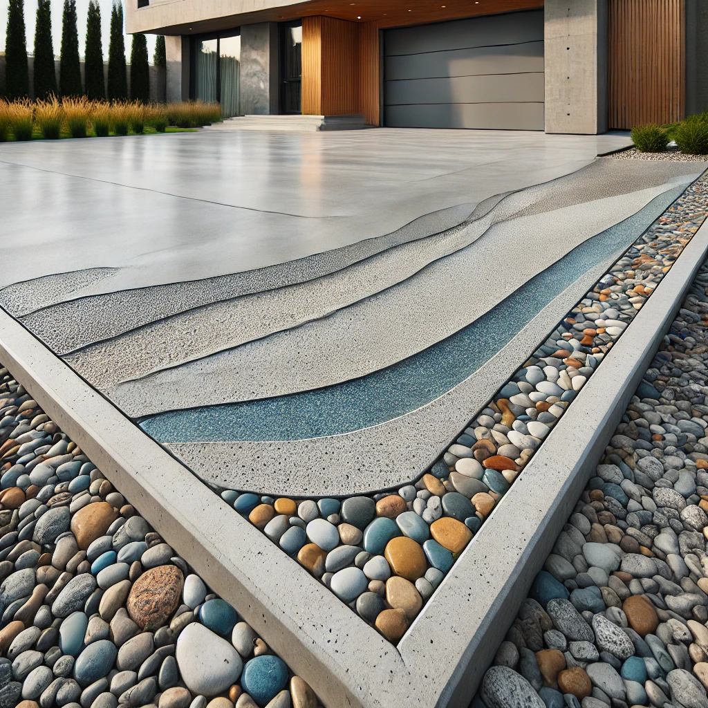 modern concrete driveway design - exposed aggregate